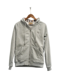 Gray hoodie on a wooden hanger with a white background
