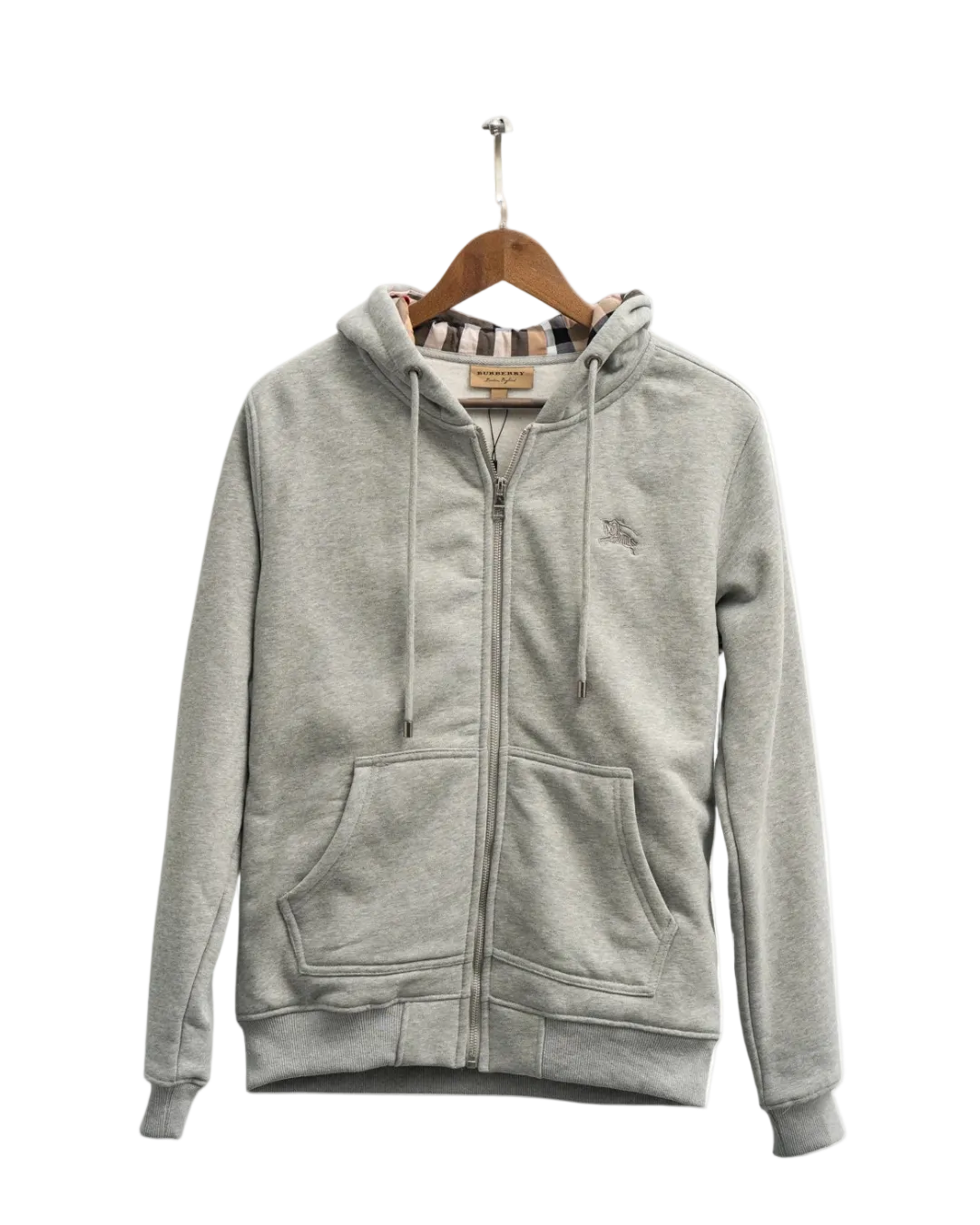 Gray hoodie on a wooden hanger with a white background